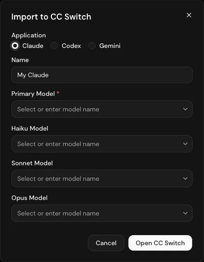 The Import to CC Switch window: Application, Name, Primary Model, and the Claude-only Haiku, Sonnet and Opus models