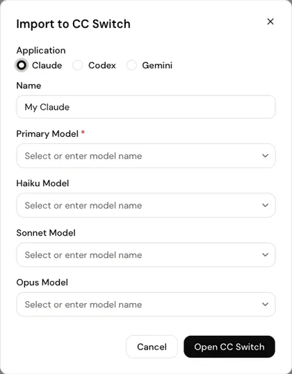 The Import to CC Switch window: Application, Name, Primary Model, and the Claude-only Haiku, Sonnet and Opus models
