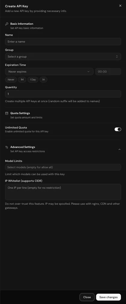The Create API Key panel with Basic Information, Quota Settings and the expanded Advanced Settings