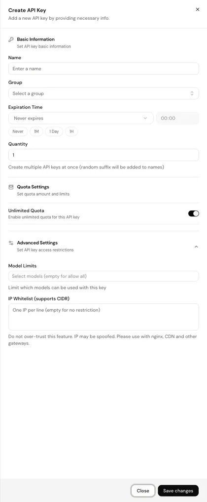The Create API Key panel with Basic Information, Quota Settings and the expanded Advanced Settings