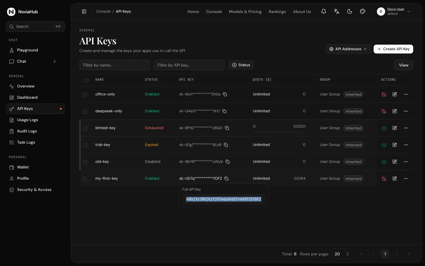 Clicking the masked key opens the Full API Key window