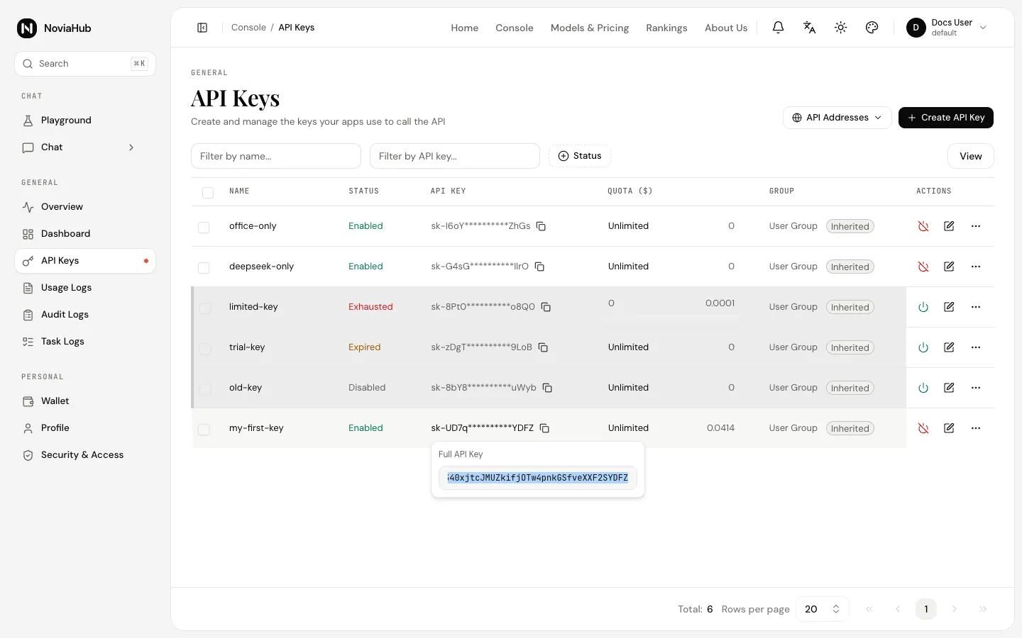 Clicking the masked key opens the Full API Key window