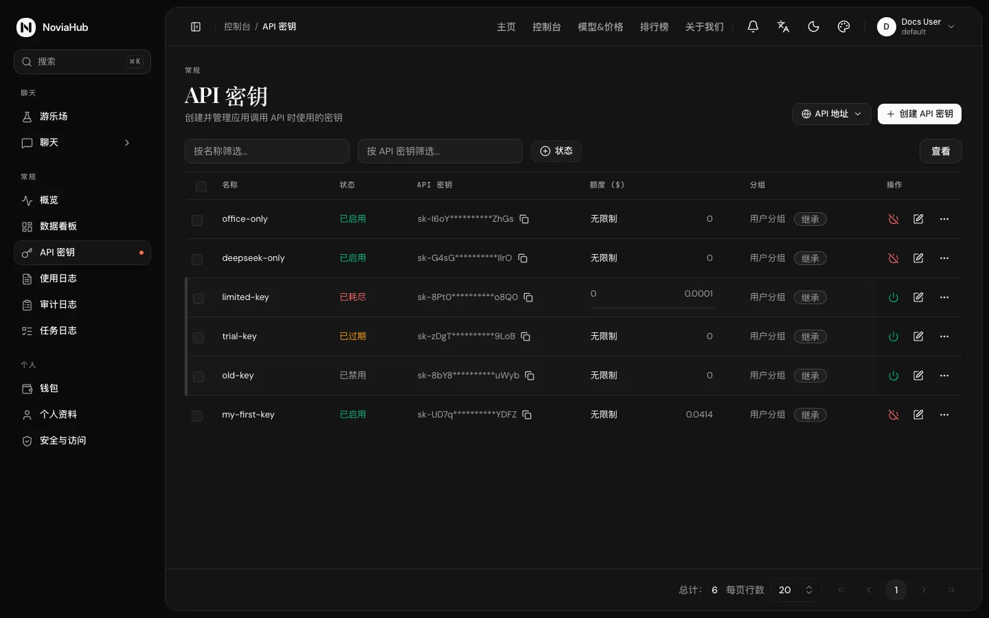 「API 密钥」页面：上方有「API 地址」和「创建 API 密钥」按钮，下方表格列出已有的密钥及其状态