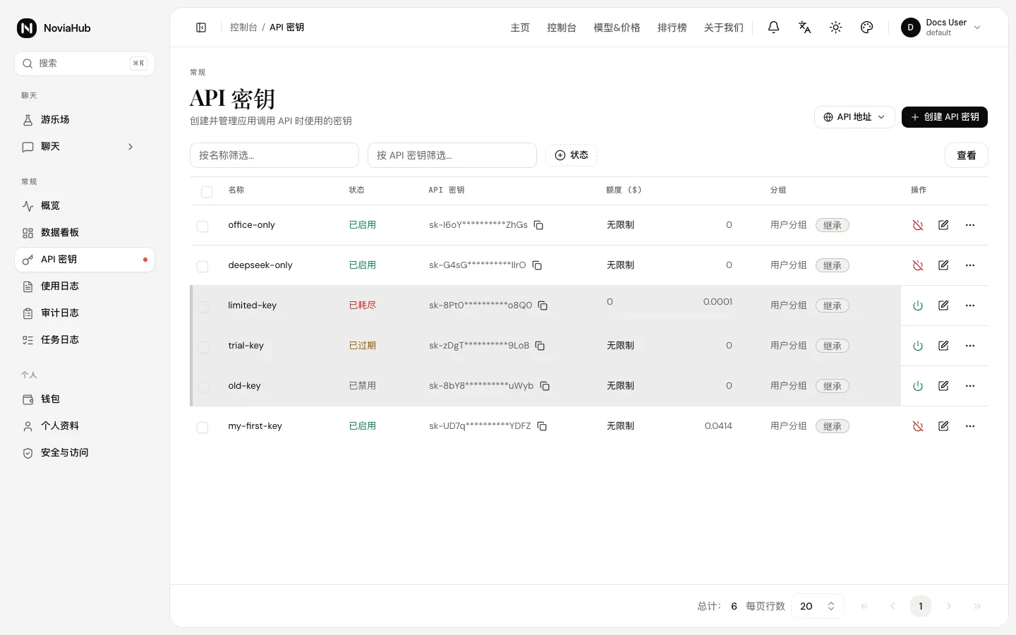 「API 密钥」页面：上方有「API 地址」和「创建 API 密钥」按钮，下方表格列出已有的密钥及其状态