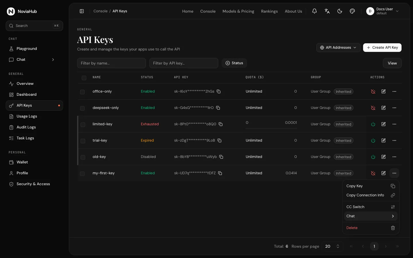 The ⋯ menu: Copy Key, Copy Connection Info, CC Switch, Chat and Delete