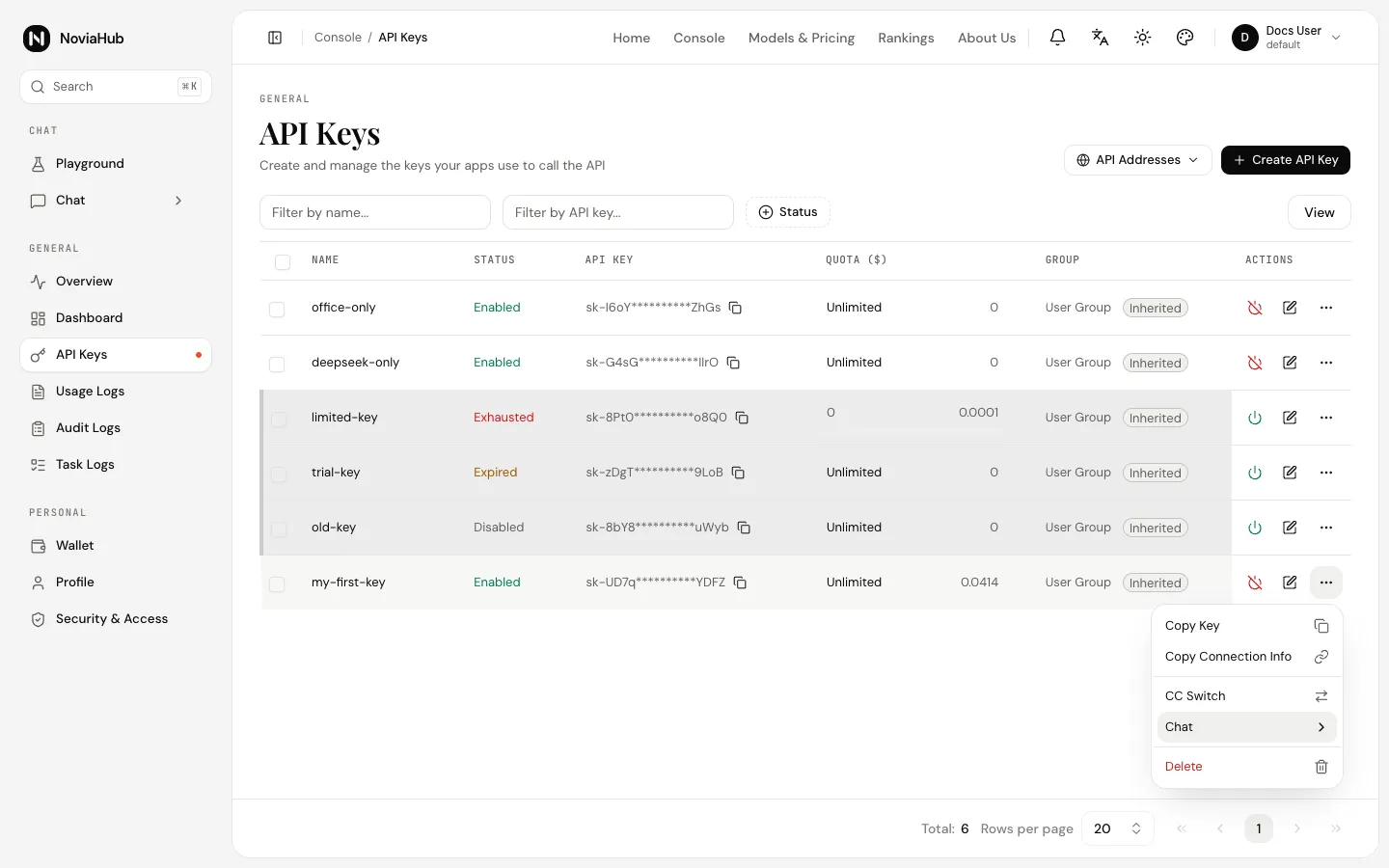 The ⋯ menu: Copy Key, Copy Connection Info, CC Switch, Chat and Delete