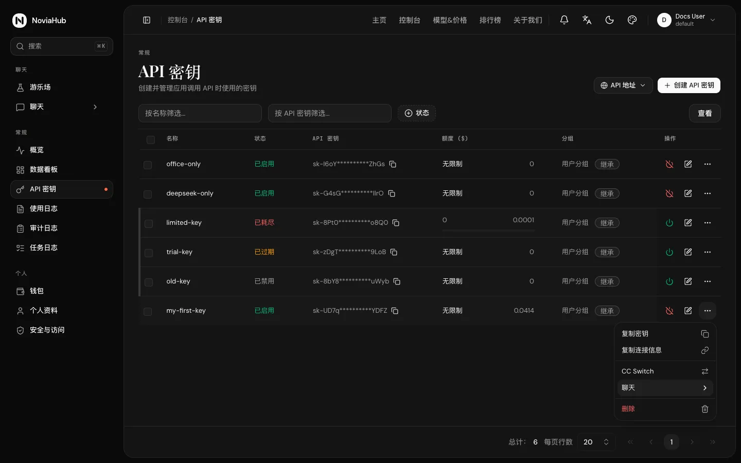 点击「⋯」后弹出的菜单：复制密钥、复制连接信息、CC Switch、聊天、删除