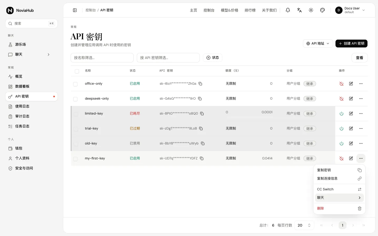 点击「⋯」后弹出的菜单：复制密钥、复制连接信息、CC Switch、聊天、删除
