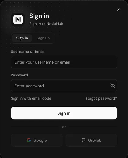 The NoviaHub sign-in dialog: Username or Email, Password, Sign in with email code, Forgot password, the Sign in button, and Google and GitHub buttons below