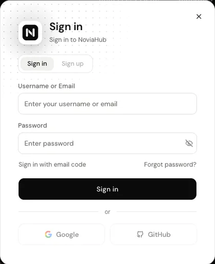 The NoviaHub sign-in dialog: Username or Email, Password, Sign in with email code, Forgot password, the Sign in button, and Google and GitHub buttons below