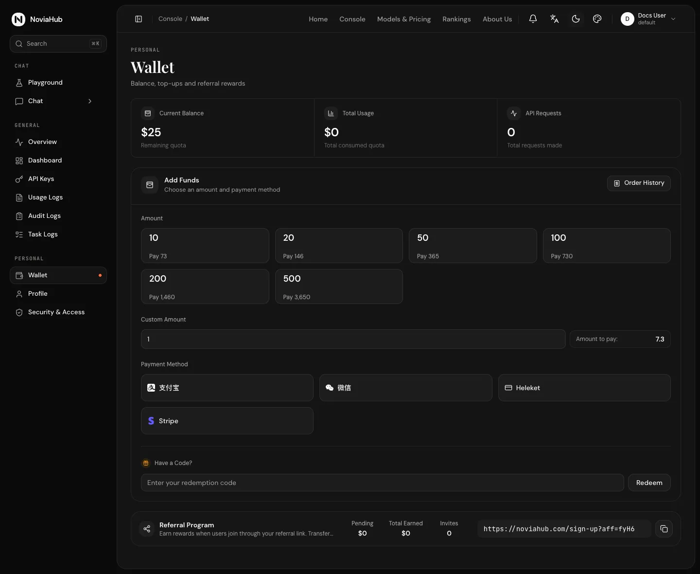 The Wallet page: Current Balance, Total Usage and API Requests cards at the top; then Add Funds (amounts, custom amount, payment methods Alipay, WeChat, Heleket and Stripe), the redemption code box and the Referral Program