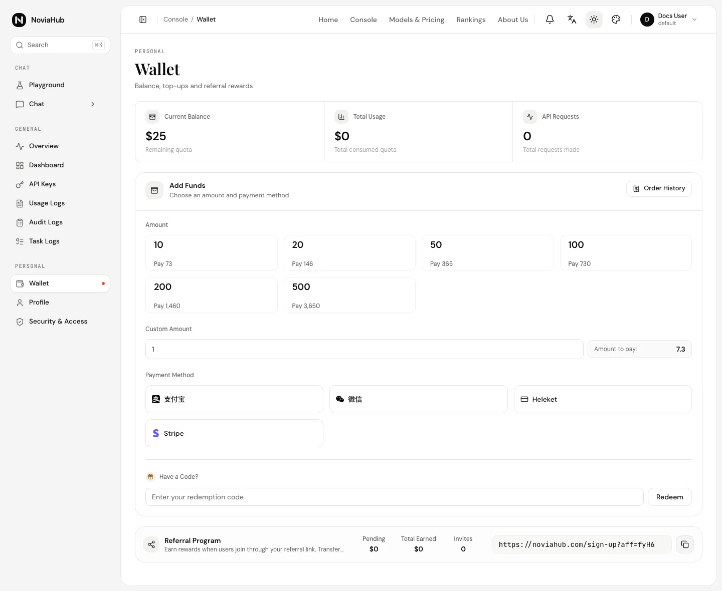 The Wallet page: Current Balance, Total Usage and API Requests cards at the top; then Add Funds (amounts, custom amount, payment methods Alipay, WeChat, Heleket and Stripe), the redemption code box and the Referral Program